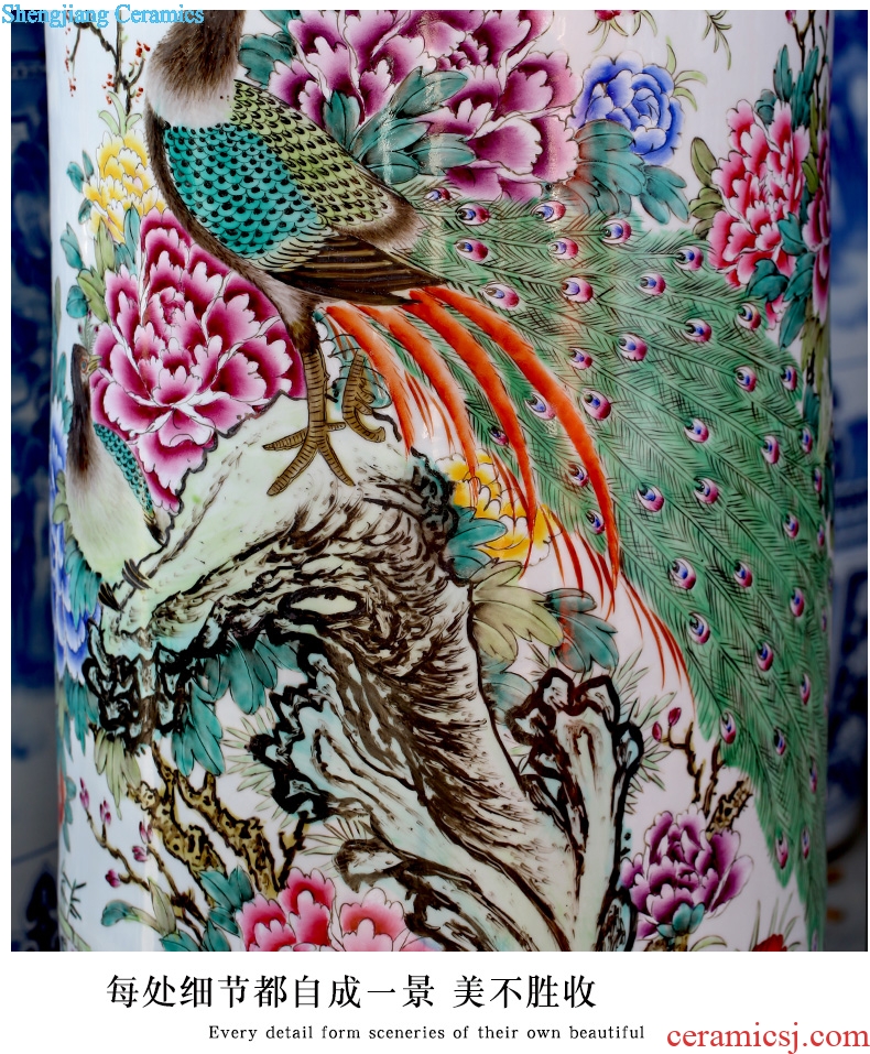 Hand-painted peacock peony figure quiver jingdezhen ceramic famille rose porcelain vase of large stores decoration shop furnishing articles