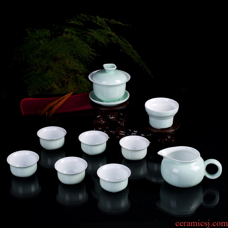 DH was suit jingdezhen kung fu tea set of 6 people contracted pea green glaze teapot small cups