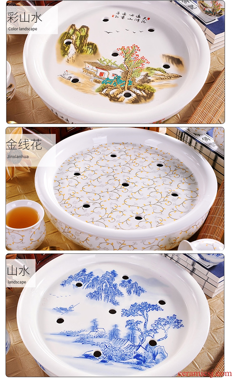 Circular tea tray, ceramic household tray jingdezhen blue and white porcelain kung fu tea water tea tea saucer