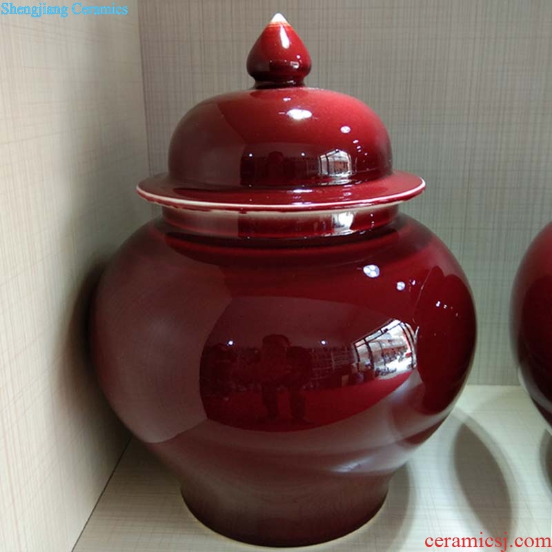 Jingdezhen ruby red glaze ceramic straight tank general color glaze pot festival watermelon red wedding supplies
