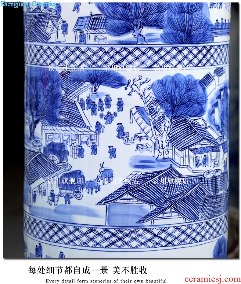 Blue and white porcelain painting qingming scroll landing big quiver of jingdezhen ceramics vase sitting room hotel furnishing articles