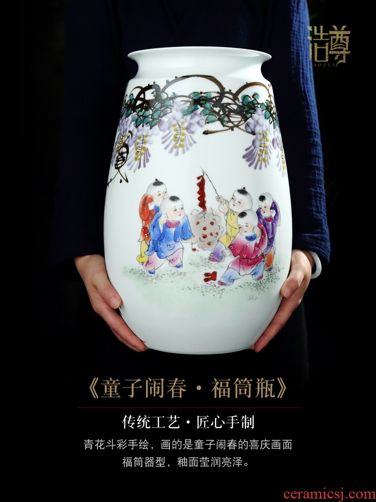 Jingdezhen ceramics hand-painted pastel boys vase baby figure sitting room place flower arranging Chinese decorative arts and crafts