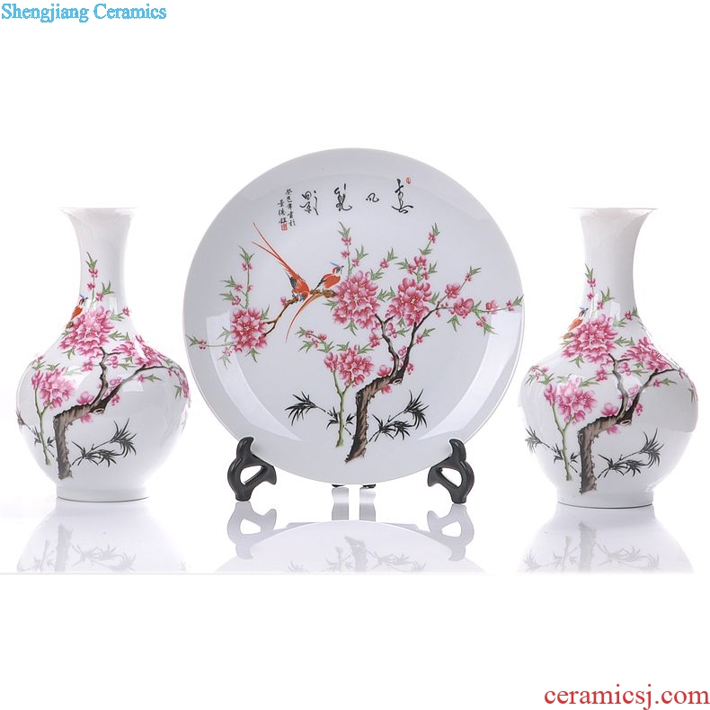 Jingdezhen ceramics peach blossom water point three-piece vase plates modern home handicraft furnishing articles