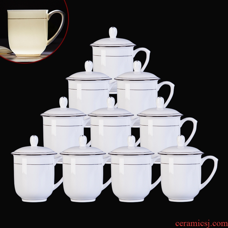 Jingdezhen ceramic tea set bone porcelain cup with cover hotel glass paint working meeting of domestic cup 10 only suits
