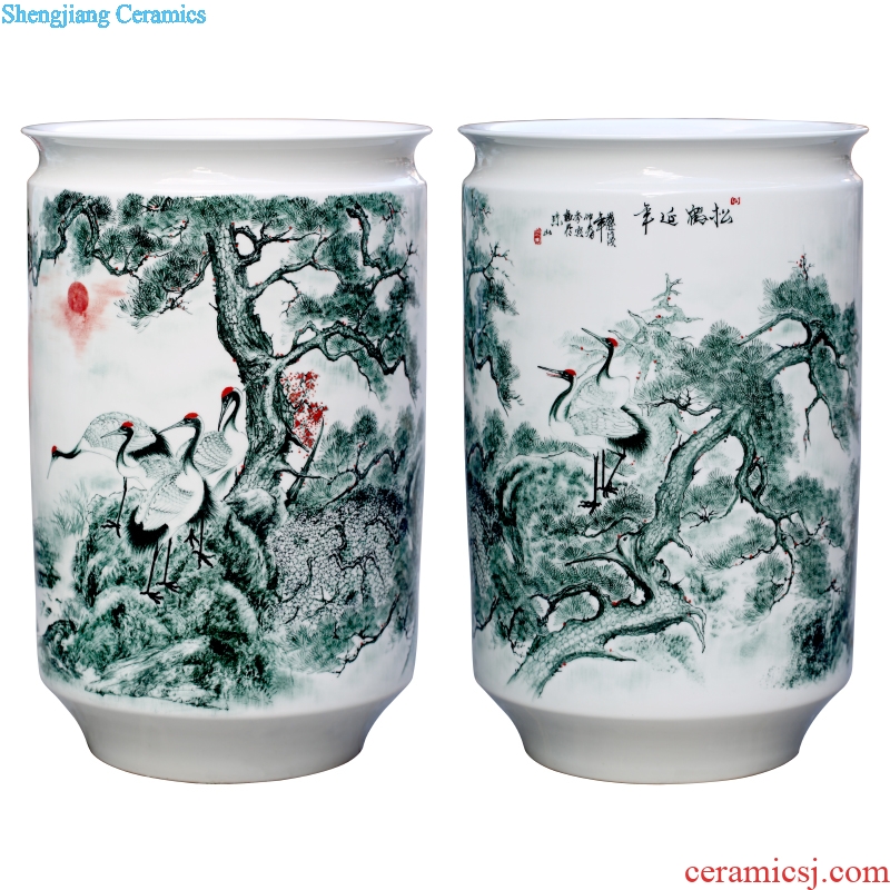 Jingdezhen ceramics hand-painted pine crane live painting and calligraphy cylinder home sitting room place study adornment calligraphy and painting is received