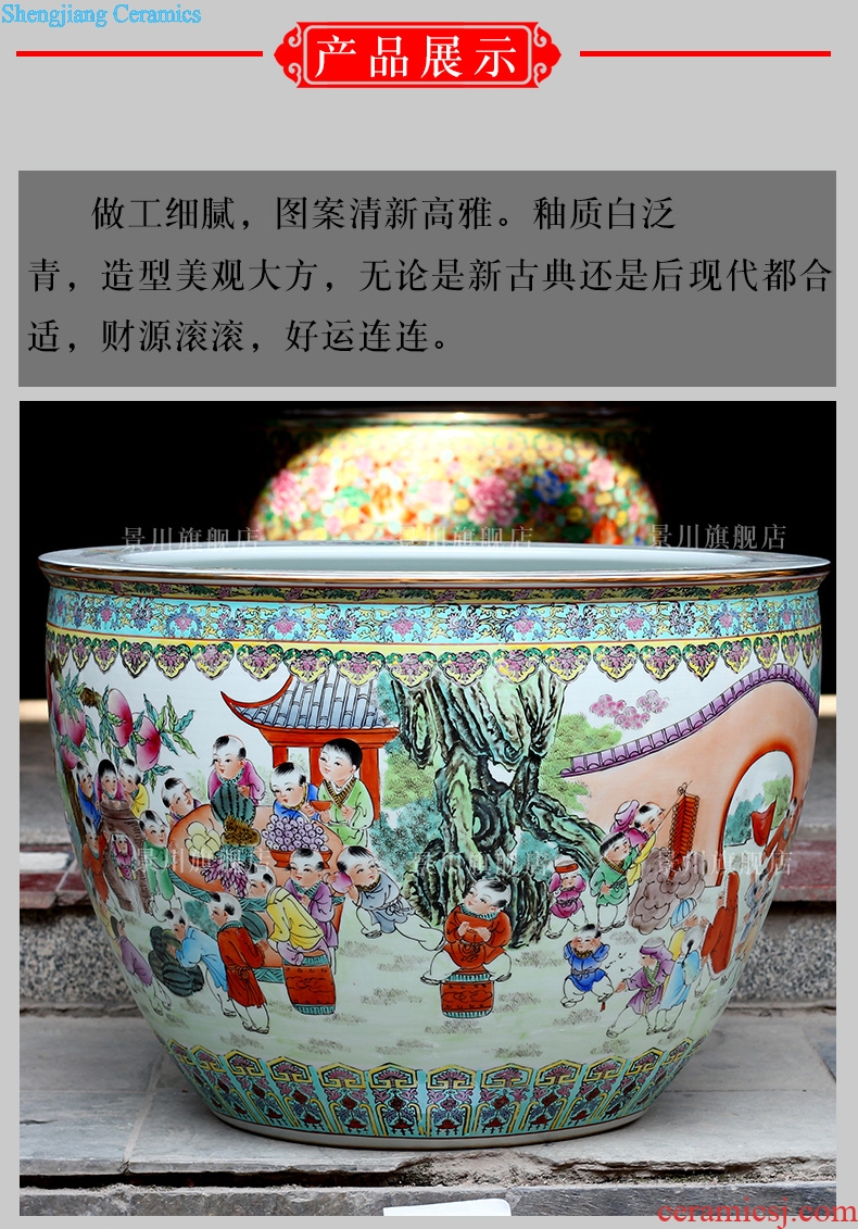 Jingdezhen ceramics hand-painted figure baby play the lad goldfish bowl lotus cylinder tortoise calligraphy and painting cylinder sitting room big furnishing articles