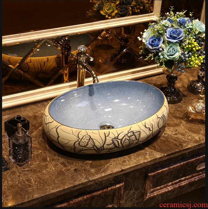 JingYan lotus carving art stage basin oval ceramic lavatory Chinese style restoring ancient ways the basin that wash a face on the sink