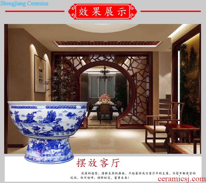 Blue and white porcelain of jingdezhen ceramics porcelain landscape painting with a foot basin tortoise cylinder aquarium fish tank water lily