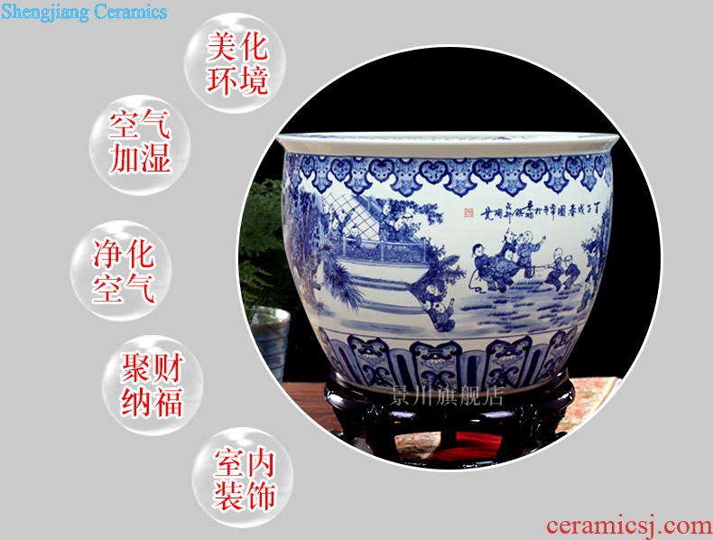 Tank large hand-painted blue and white porcelain of jingdezhen ceramics water lily tortoise figure sitting room roll cylinder cylinder spring of the ancient philosophers play