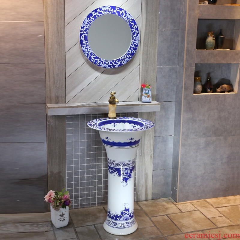 JingYan pillar of blue and white porcelain art basin of Chinese style ceramic one-piece vertical lavatory washbasins floor type basin