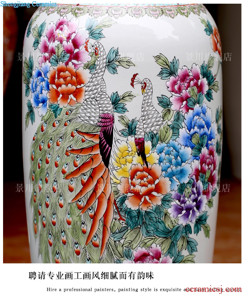 Jingdezhen ceramics hand-painted pastel color peacock peony hotel furnishing articles home sitting room of large vase