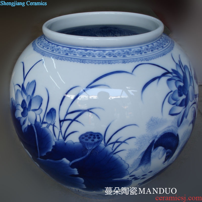 Jingdezhen porcelain lotus painting writing brush washer double-sided double-sided porcelain painting lantern fish writing brush washer display vase