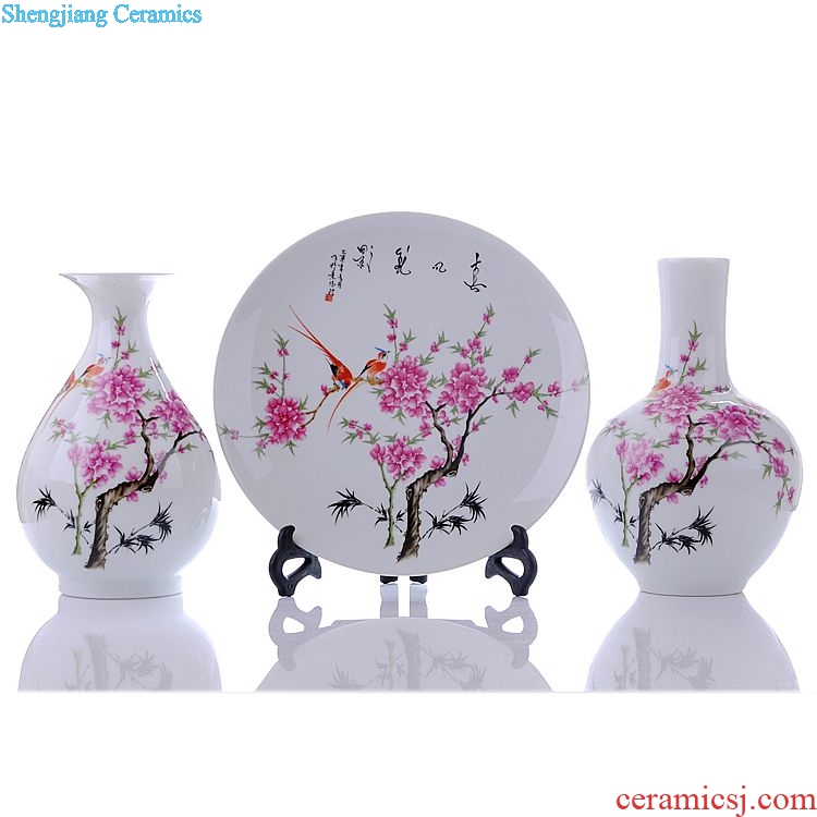 Jingdezhen ceramics peach blossom water point three-piece vase plates modern home handicraft furnishing articles