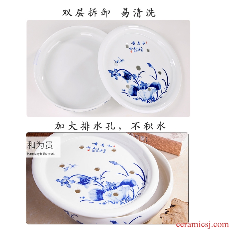 Circular tea tray, ceramic household tray jingdezhen blue and white porcelain kung fu tea water tea tea saucer