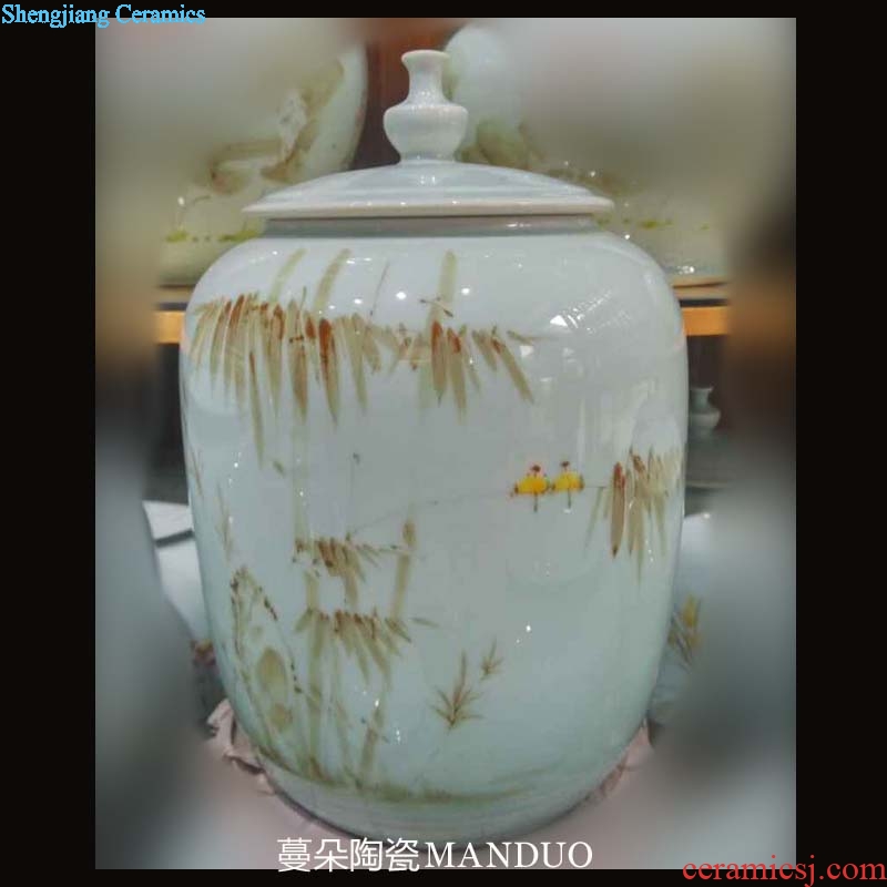 Jingdezhen 30 cm high flat cap can install 10 jins m ceramic porcelain jar of oil tank