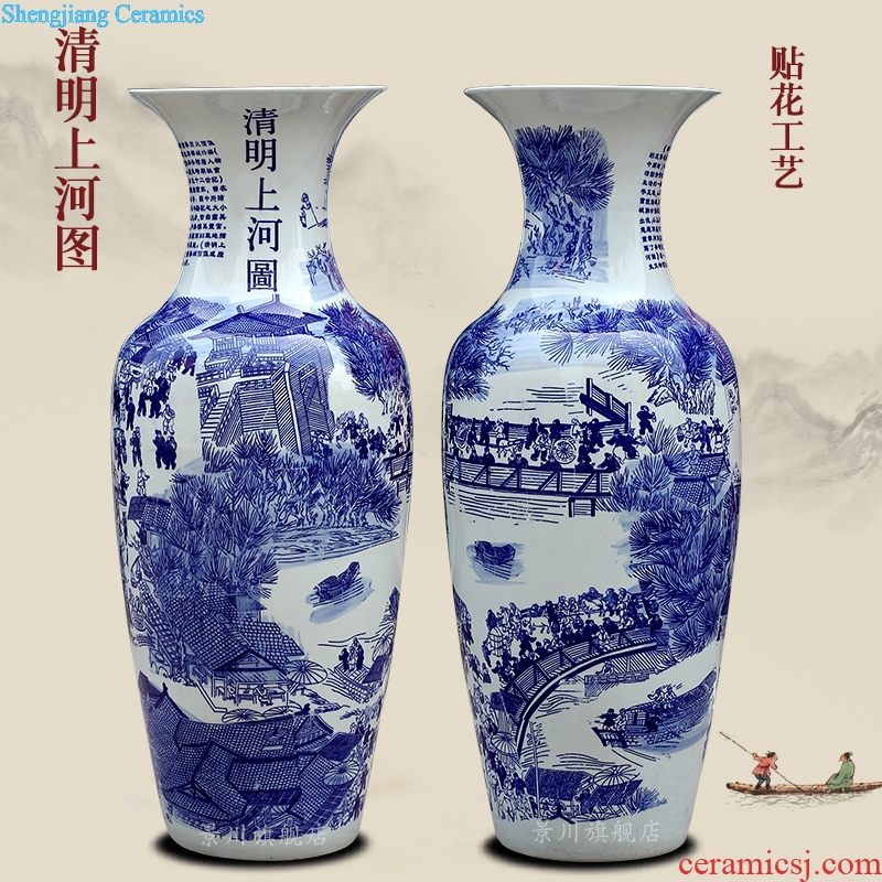 Jingdezhen blue and white porcelain hotel landing big vases, antique qingming scroll large sitting room ceramics furnishing articles