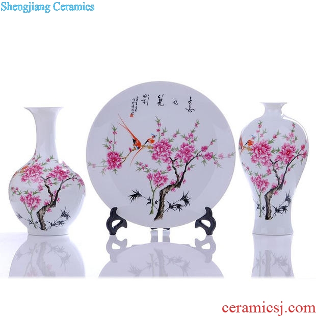 Jingdezhen ceramics peach blossom water point three-piece vase plates modern home handicraft furnishing articles