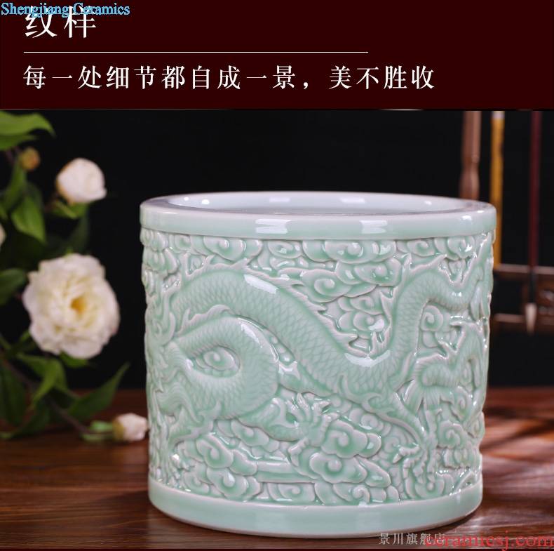 Jingdezhen ceramics engraving blue glaze big brush pot furnishing articles antique calligraphy and painting cylinder receive decorative gift dragon playing bead