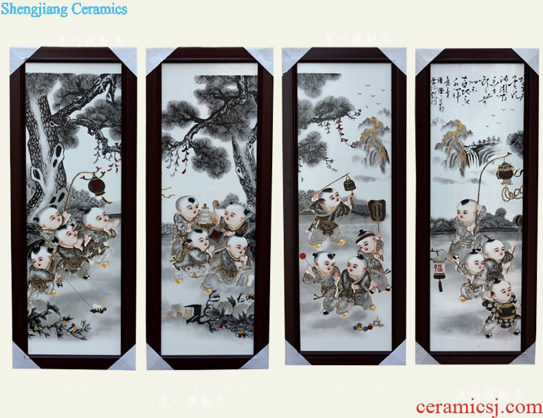 Jingdezhen ceramic painting the lad modern home sitting room adornment picture porcelain plate four screen background picture hangs a picture