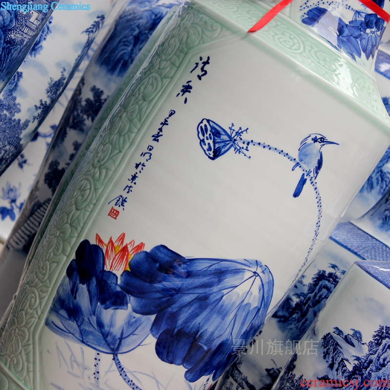 Jingdezhen ceramics hand-painted landing big blue and white porcelain vase home sitting room hotel furnishing articles craft gift