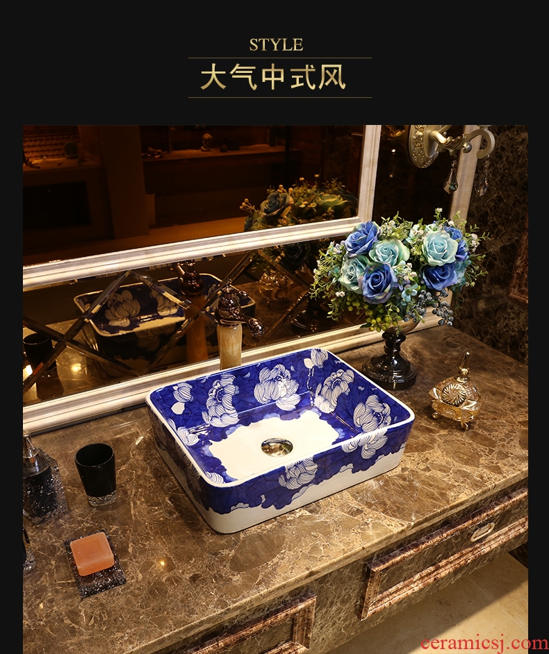 JingYan hand-painted lotus square ceramic art stage basin sinks Chinese blue and white porcelain basin on the sink