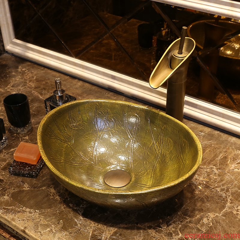 JingYan green leaf veins art stage basin creative ceramic lavatory basin archaize restoring ancient ways the basin that wash a face the sink