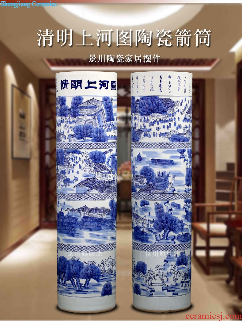 Blue and white porcelain painting qingming scroll landing big quiver of jingdezhen ceramics vase sitting room hotel furnishing articles