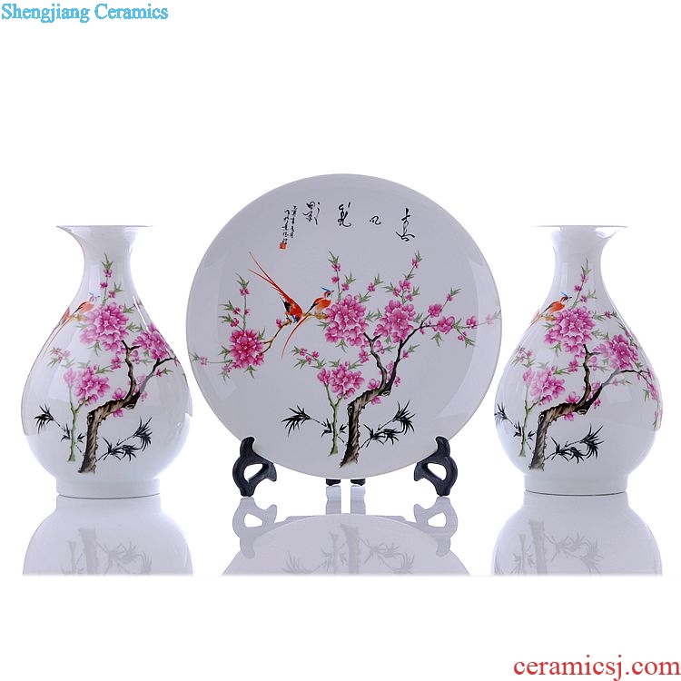 Jingdezhen ceramics peach blossom water point three-piece vase plates modern home handicraft furnishing articles