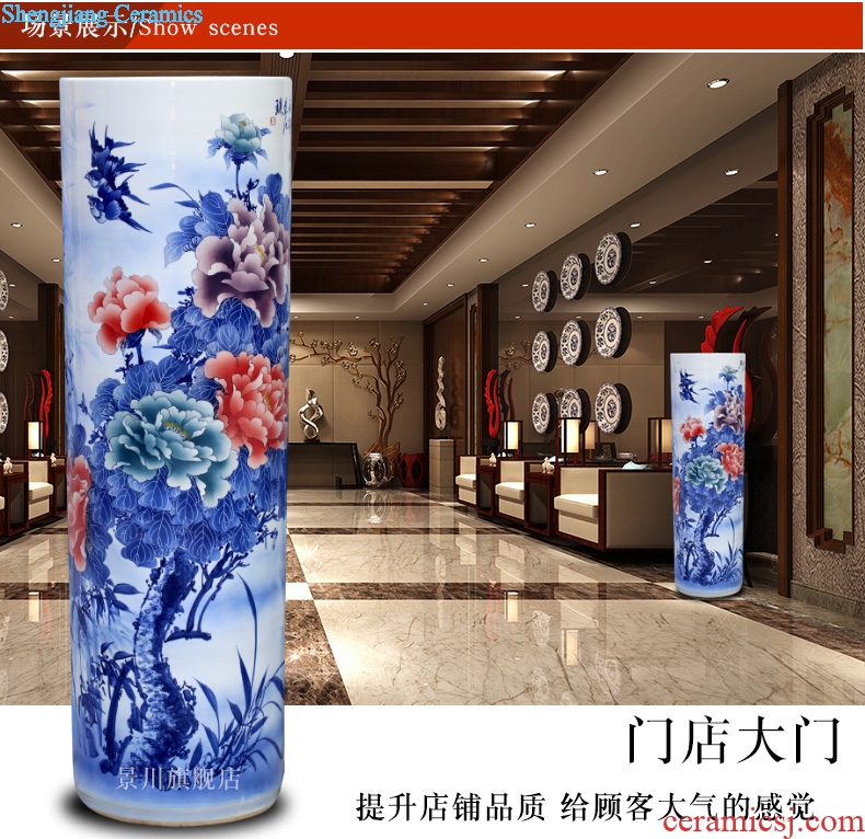 Hand-painted ceramics jingdezhen blue and white enamel peony straight landing big vase quiver sitting room adornment is placed