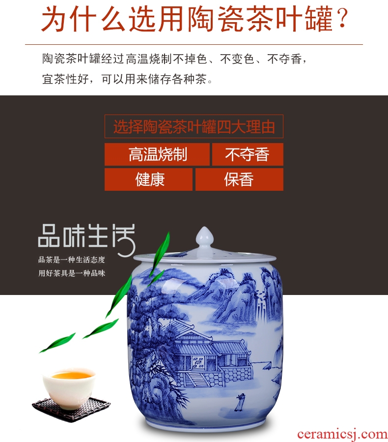 Jingdezhen blue and white landscape ceramic hand-painted caddy large tea cake tin puer tea urn home ten loaves of bread