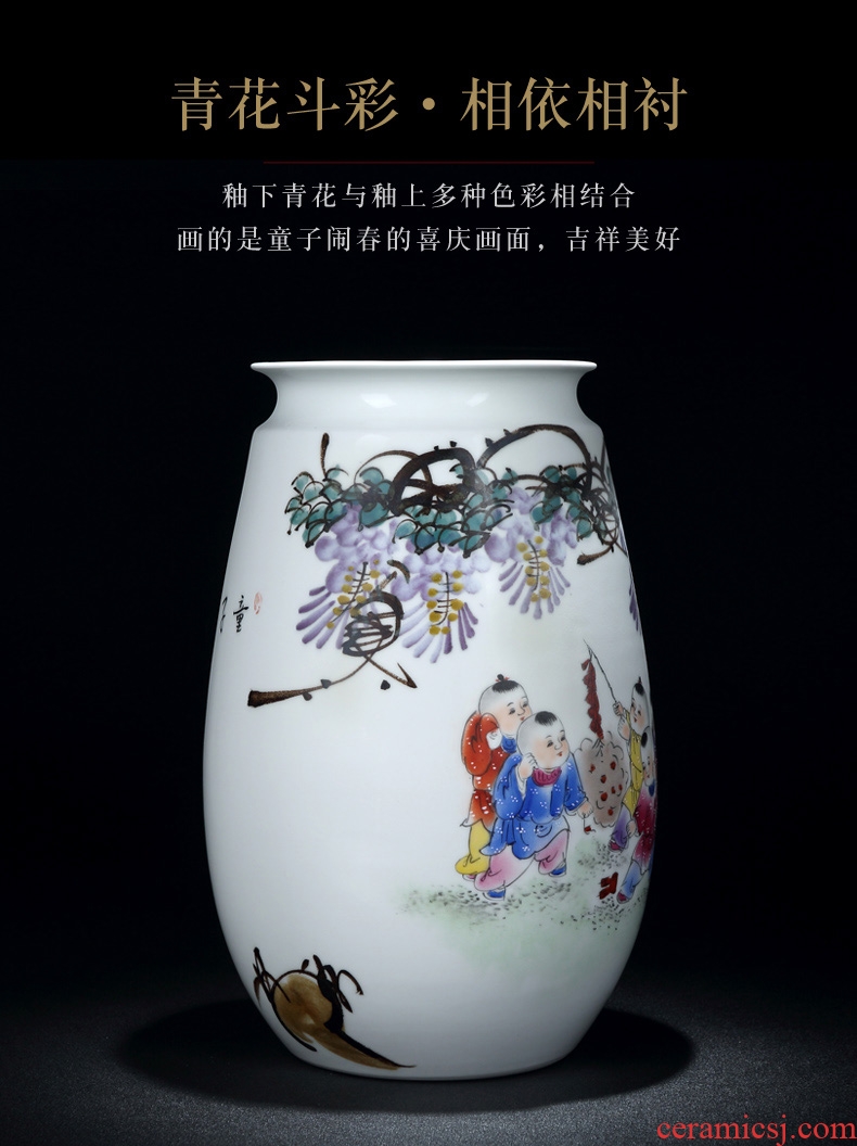 Jingdezhen ceramics hand-painted pastel boys vase baby figure sitting room place flower arranging Chinese decorative arts and crafts