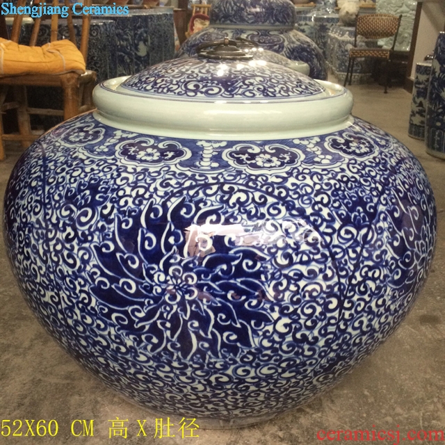 Jingdezhen put lotus flower round porcelain cover canister to practical blue barrel rice pot convex ceramic POTS