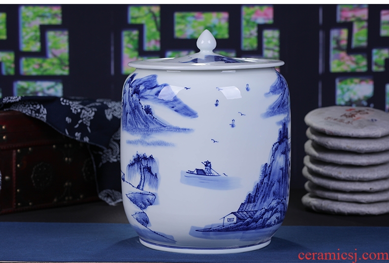 Jingdezhen blue and white landscape ceramic hand-painted caddy large tea cake tin puer tea urn home ten loaves of bread