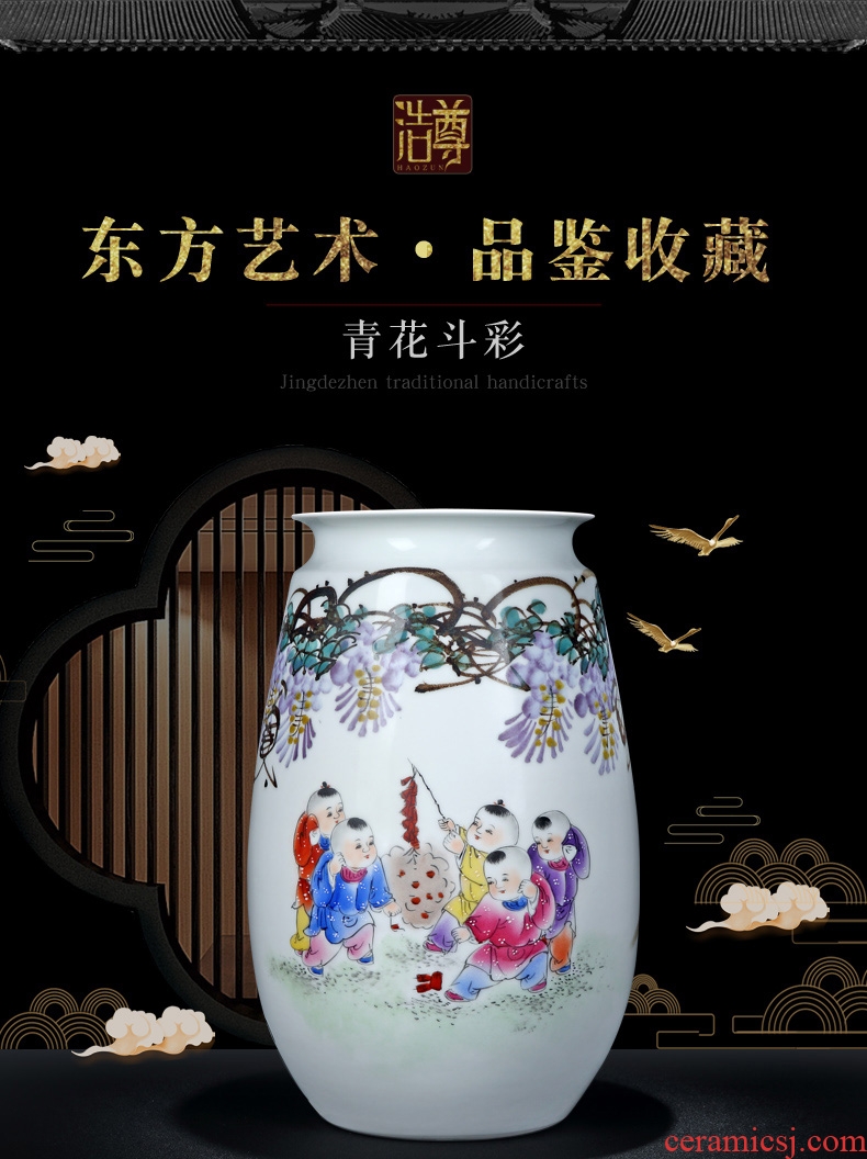 Jingdezhen ceramics hand-painted pastel boys vase baby figure sitting room place flower arranging Chinese decorative arts and crafts