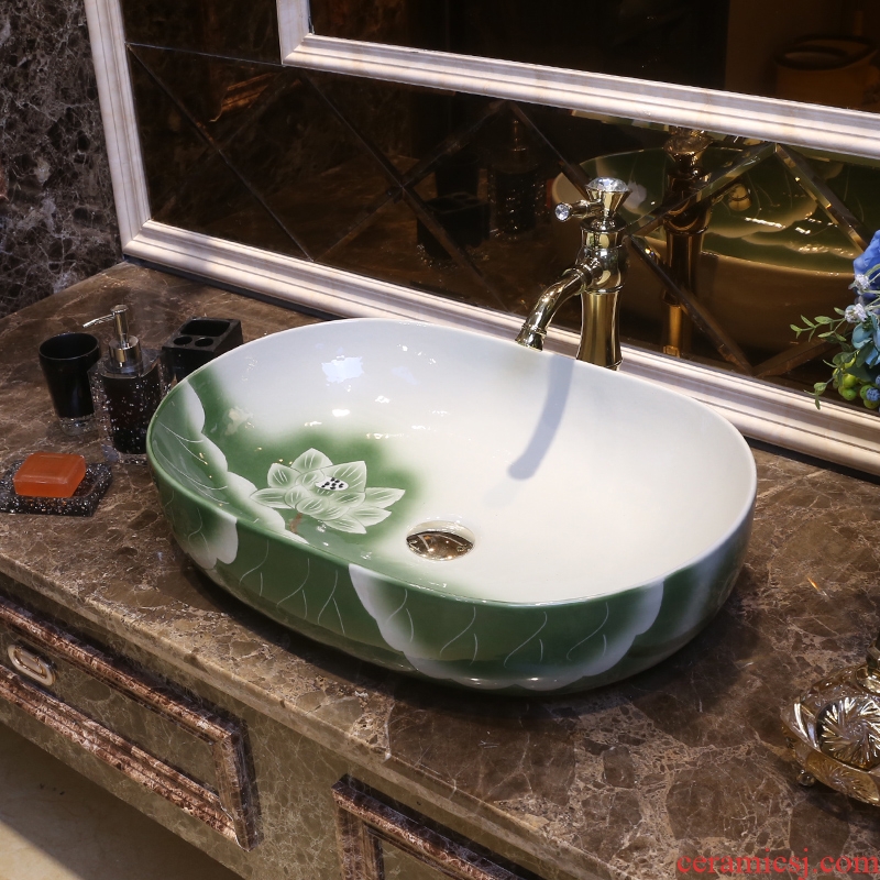 JingYan lotus art stage basin oval ceramic lavatory basin Chinese style household basin on the sink