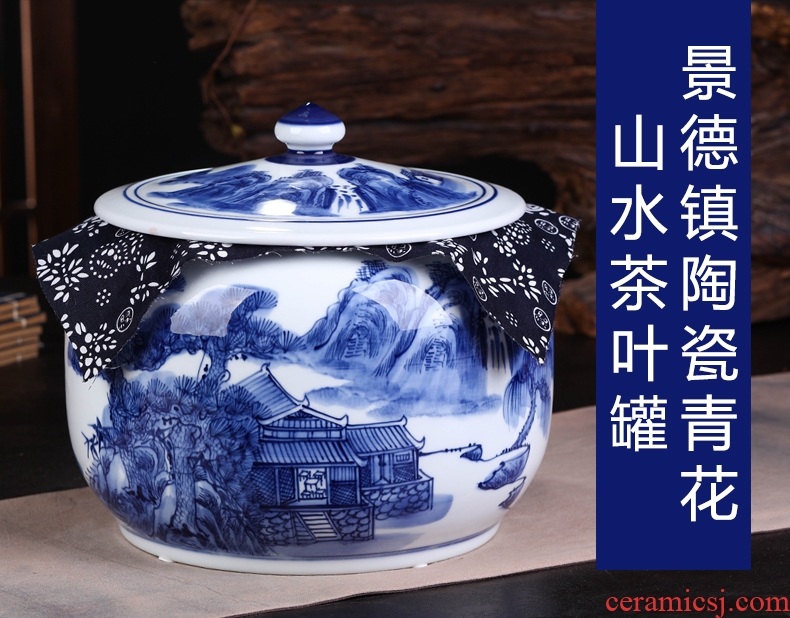 Jingdezhen ceramic hand-painted blue and white porcelain tea pot large household seal tank general storage tank receives