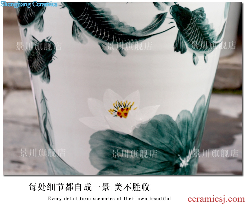 Jingdezhen ceramic ink color blue and white fish home sitting room hand-painted lotus lotus leaf landing big vase decoration furnishing articles