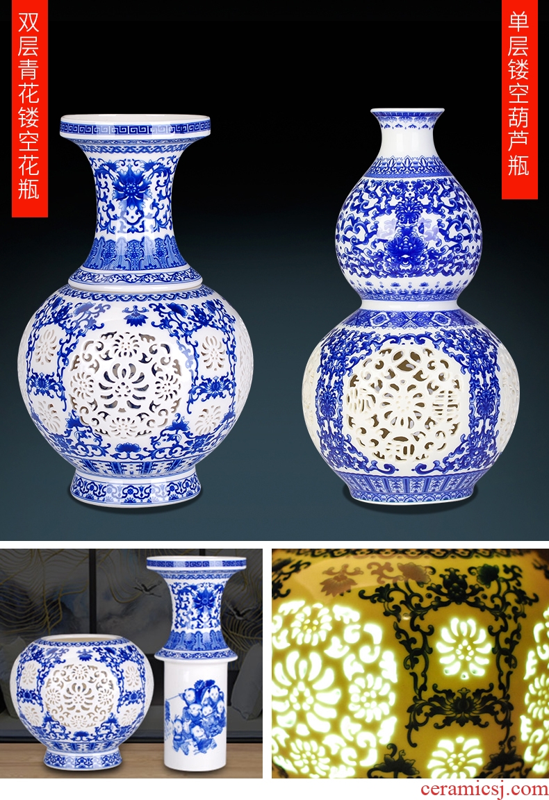 Blue and white porcelain vase of jingdezhen ceramics furnishing articles sitting room adornment rich ancient frame decoration of new Chinese style household flower arrangement