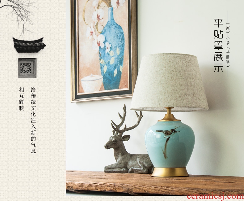 Modern Chinese style full copper ceramic desk lamp hand-painted magpie sitting room bedroom bed hotel study adornment lamps and lanterns is 1008