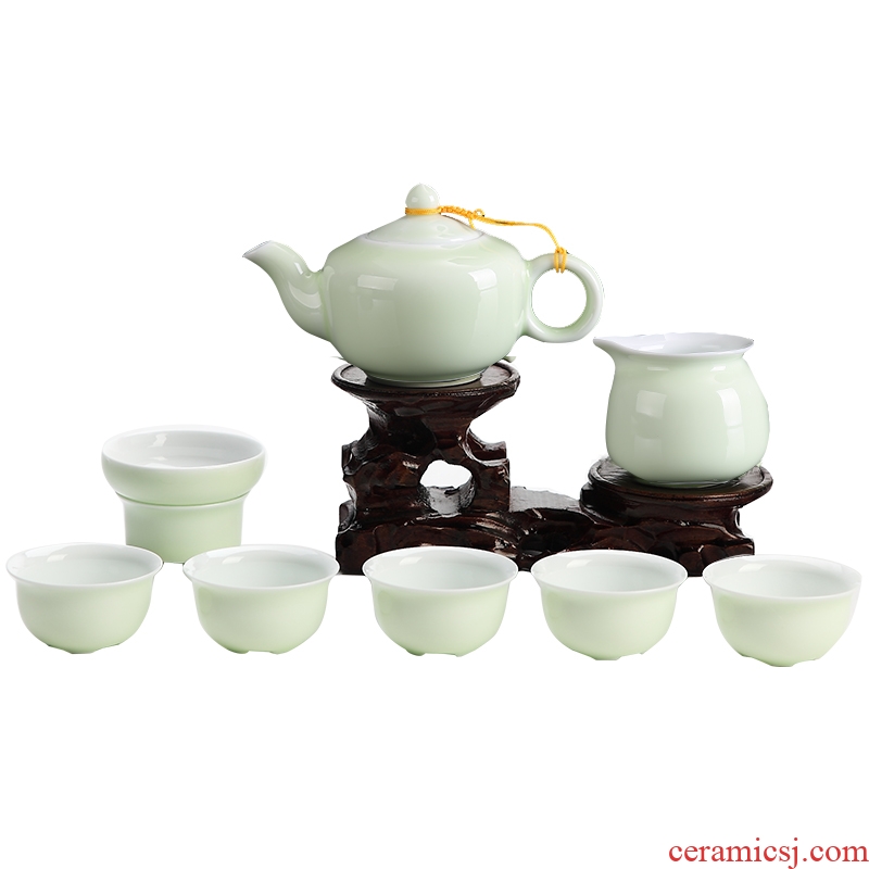 DH was suit jingdezhen kung fu tea set of 6 people contracted pea green glaze teapot small cups