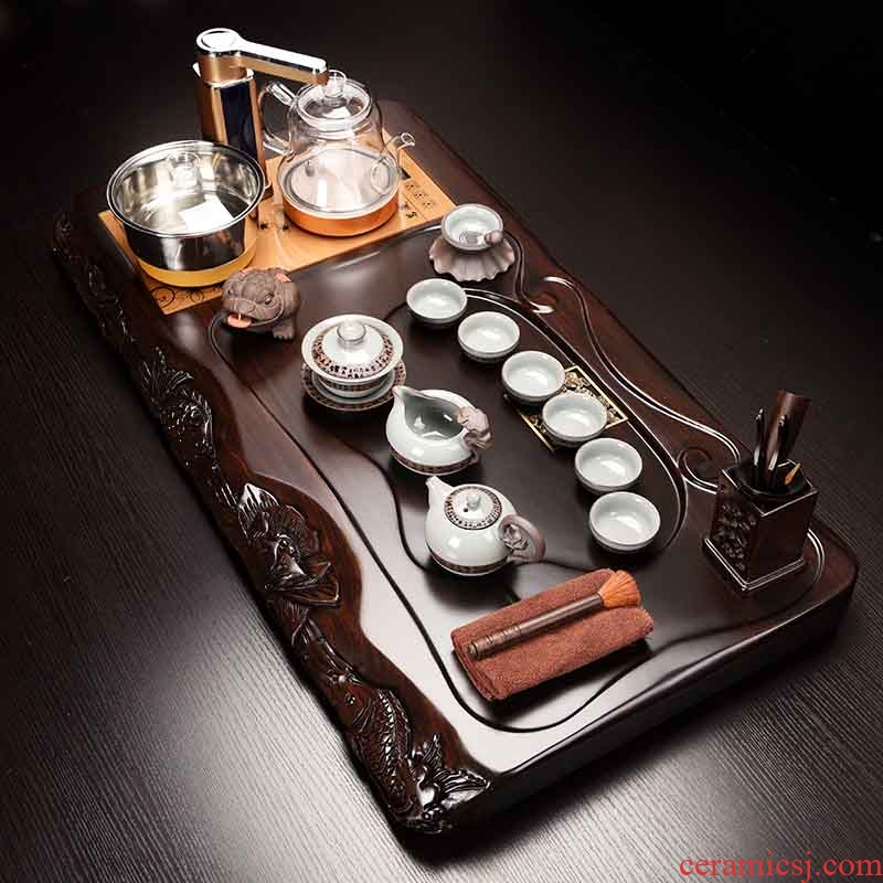 Beauty cabinet ebony tea set four one automatic tea tray purple ceramic teapot household solid wood tea sets