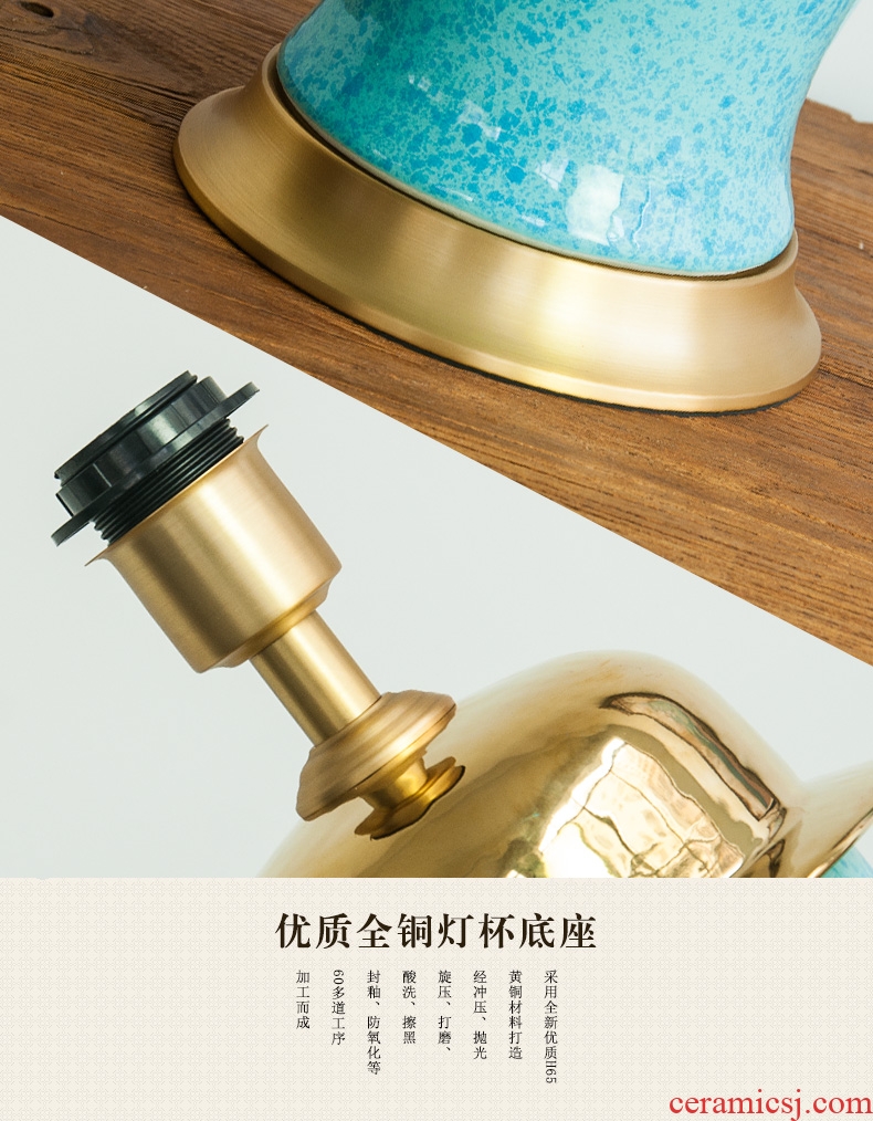 Modern new Chinese style ceramic desk lamp full copper general blue tank large American living room a study desk lamp of bedroom the head of a bed