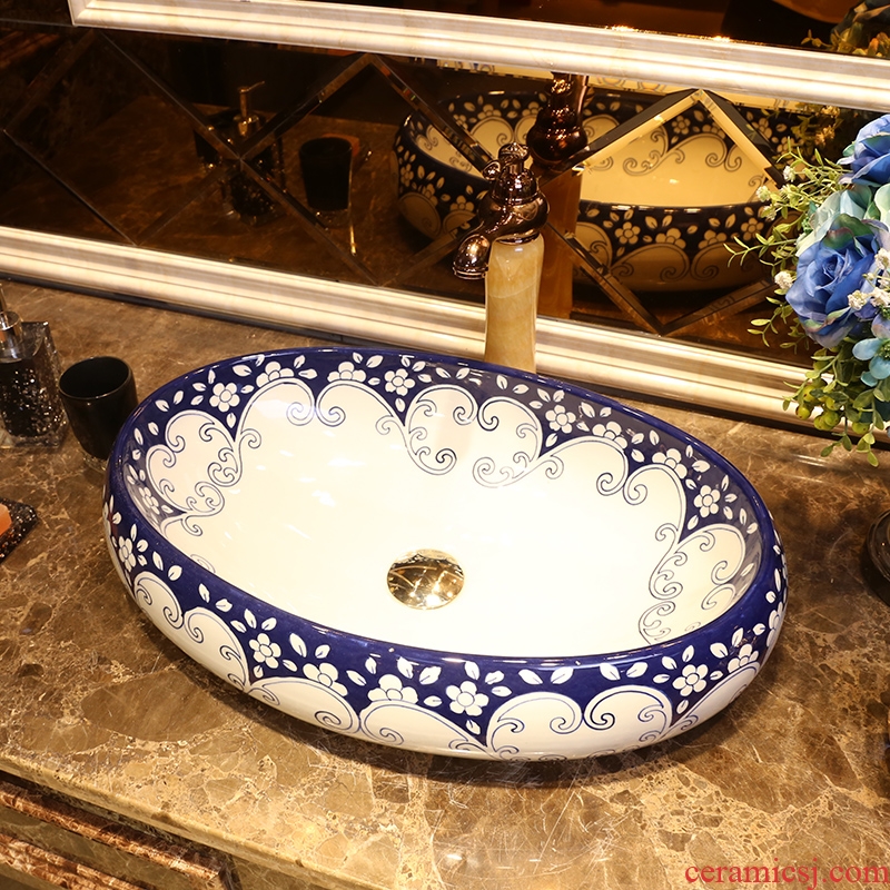 JingYan stage basin of jingdezhen blue and white porcelain art ceramic sinks Chinese oval basin on the sink