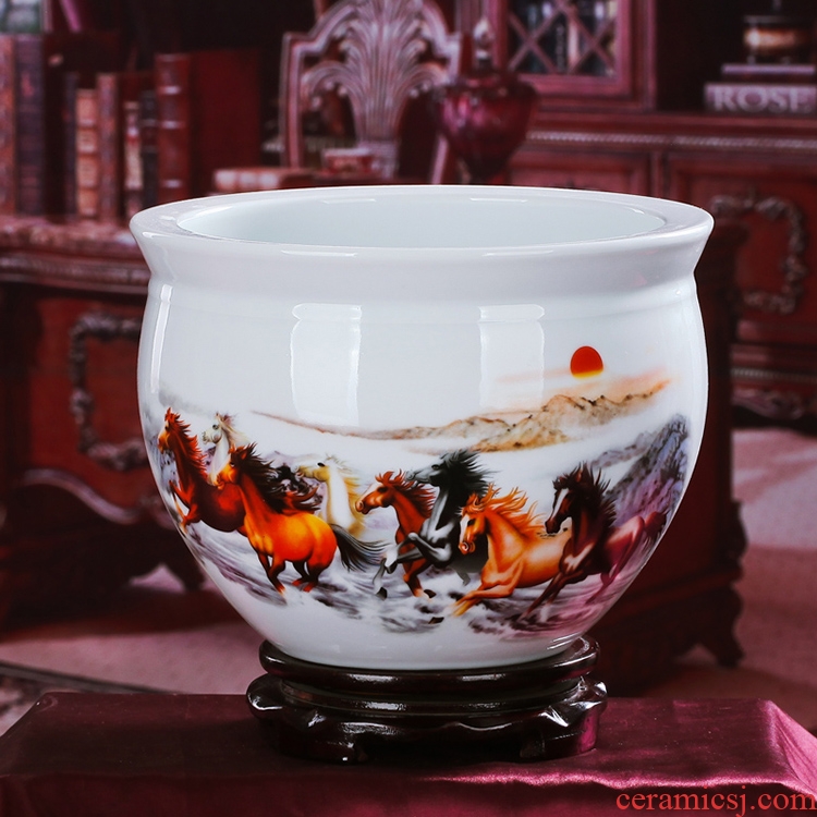 Jingdezhen ceramics basin of water shallow tank cylinder water lily tortoise wine cabinet desk decoration handicraft furnishing articles in the living room