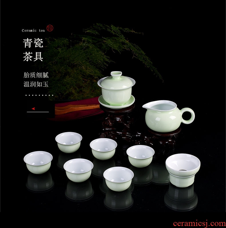 DH was suit jingdezhen kung fu tea set of 6 people contracted pea green glaze teapot small cups