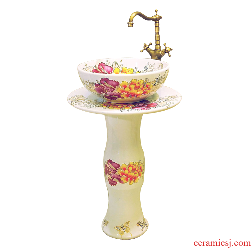 JingXiangLin basin of jingdezhen ceramic art basin set column lavatory basin three-piece & ndash; Riches and honour chrysanthemum