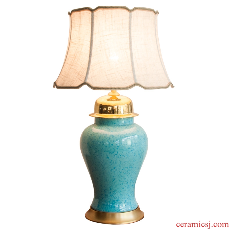 Modern new Chinese style ceramic desk lamp full copper general blue tank large American living room a study desk lamp of bedroom the head of a bed