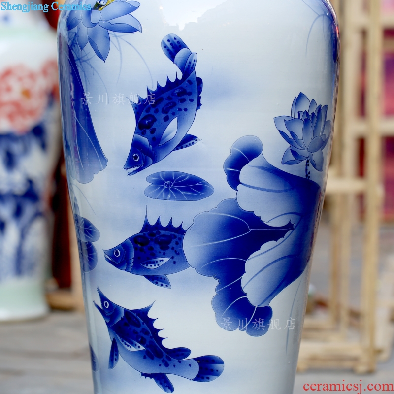 Hand-painted harmony is the blue and white porcelain lotus fish landing big vase jingdezhen ceramics sitting room adornment furnishing articles