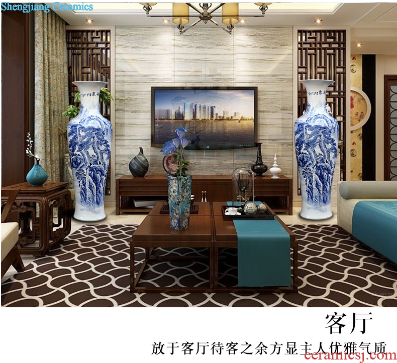 Jingdezhen ceramics large ground hand blue and white porcelain vase landscape figure sitting room adornment of Chinese style hotel furnishing articles