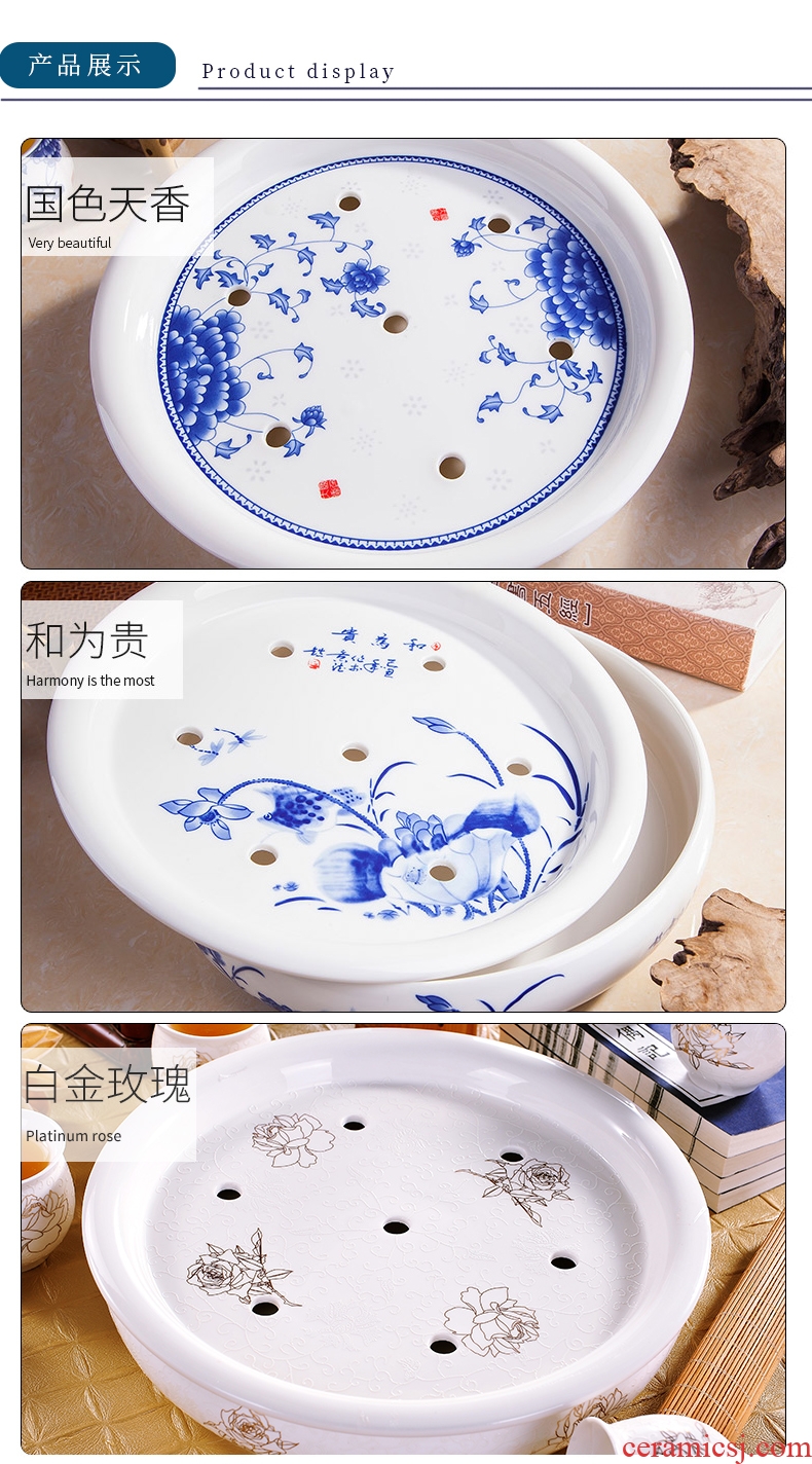 Circular tea tray, ceramic household tray jingdezhen blue and white porcelain kung fu tea water tea tea saucer